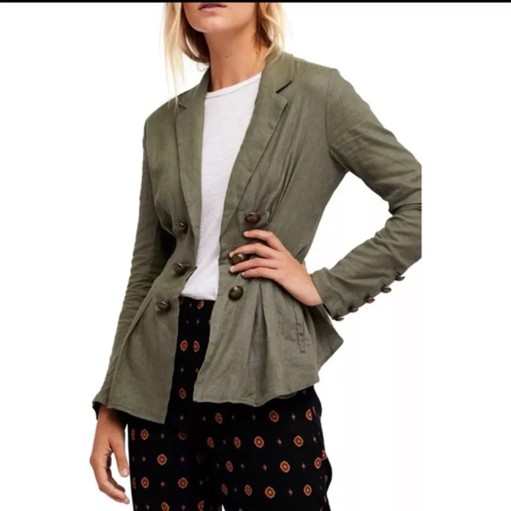 Free People Linen Blend Women's XS Camo Green Lightweight Military Blazer Jacket